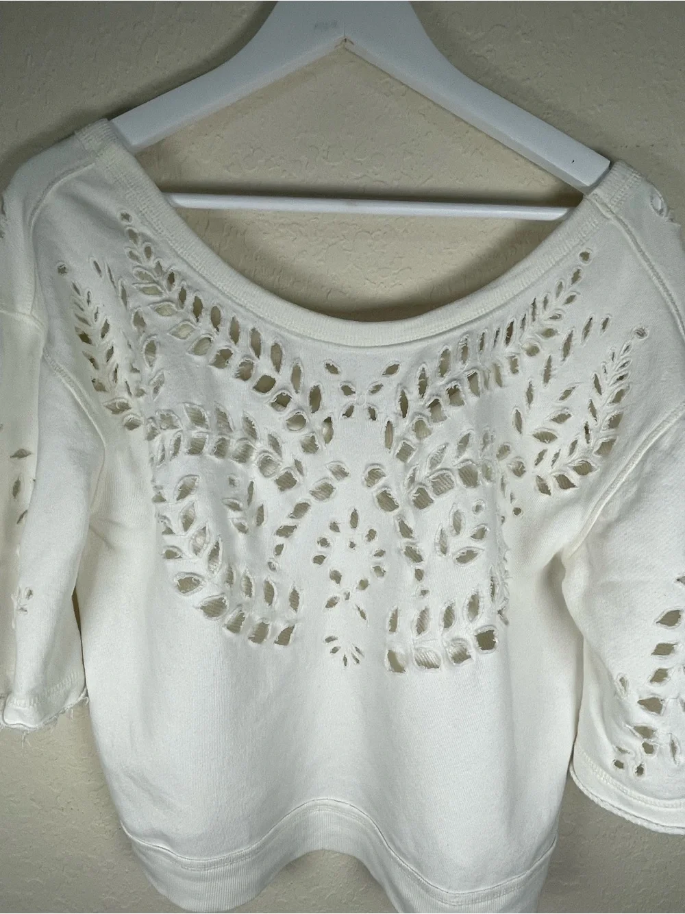 Free People Crumpette Cropped Eyelet Sweatshirt Ivory Boho Cottagecore Small